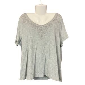 Talbots Women's Gray V-Neck Raised Floral Lace Appliqué Short Sleeve Top SZ 3X